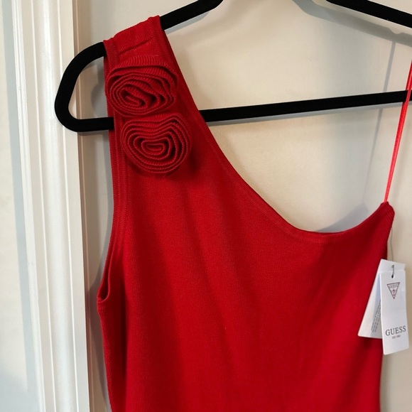 Guess Women’s One Shoulder Red ribbed dress with rosette - Picture 3 of 7
